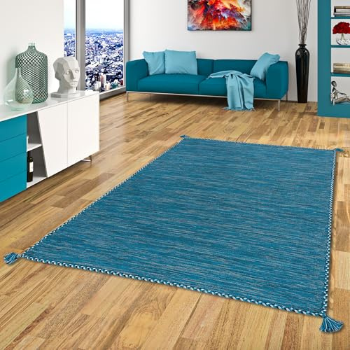 Navarro Natur Teppich Bauwolle Kelim Prico Blau Petrol in 8 Größen