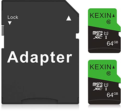 KEXIN 2 Pezzi Schede di Memoria MicroSDXC da 64GB, Velocità fino a 85 MB/sec Classe 10 UHS-1 Scheda microSD per Smartphone, Fotocamera, Sistema di Sicurezza (Nero Verde)