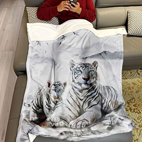Violetpos Decke 150 x 200 cm Flanell Weich Fleecedecke Kuscheldecken SanftBettüberwurf 2 Weiße Tiger Tuschemalerei