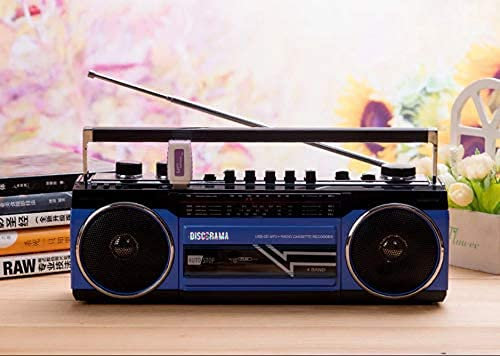 DISCORAMA® - LETTORE STEREO CASSETTE MUSICASSETTE RADIO REGISTRATORE USB + SD VINTAGE LETTORE PORTATILE ANNI 80 AUDIOCASSETTA (Blu)