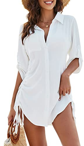 Blooming Jelly Womens Bathing Suit Cover Ups Bikini Swimsuit Coverup Drawstring Button Down Beach Dress Shirt(Medium, White)