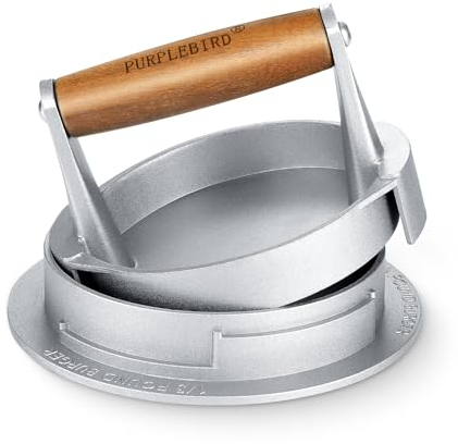 PURPLEBIRD Pressa per Hamburger, Pressa per Hamburger in Alluminio Pressofuso da 10,8 cm con Antiaderente, 3 Livelli di Spessore Regolabili, Pressa per Hamburger Professionale con Manico in Legno