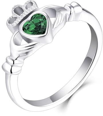 Old English Jewellers 925 Sterling Silver Green Emerald Cz Claddagh Irish Celtic Ring size J K L M N O P Q R S - Love Loyalty & Freindship - Rhodium Overlay (J)