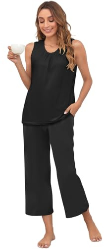 Famulily Three Quarter Pyjamas for Women Floral Print Crewneck Sleeveless Vest and 3/4 Length Pant Black S