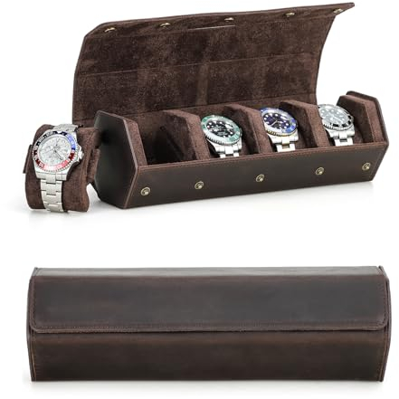 Hiram Uhrenkoffer Leder Sechseck Uhrenbox, 4-Slot Uhren Schutzhülle Uhren Organizer für Reisen (Kaffee)