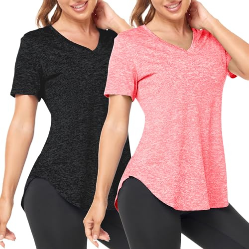 Deaviya Women's Sports T-Shirt Gym Tops V Neck UK, Short Sleeve Workout Top Running Yoga Shirts Women, Activewear Quick Dry Exercise Tops Loose Fit