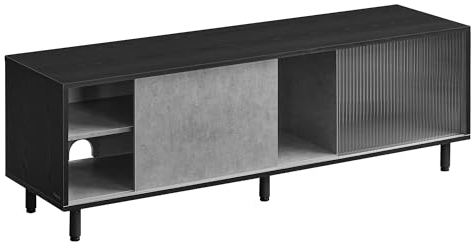 VASAGLE Montaggio Veloce senza Utensili Toolless, Mobile TV per Televisore fino a 60 Pollici, per Soggiorno, Vetro Scanalato, Moderno, 140 x 39 x 45 cm, Nero Ebano e Grigio Cemento LTV466B04