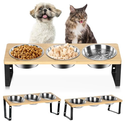15° Tilted Cat Feeding Bowls, Triple Dog Bowl Stand, 3 in 1 Cat Bowls with Stand, Adjustable Height Elevated Feeder Bowls for Pets - Stainless Steel Kitten Puppy Dishes Feeding Station