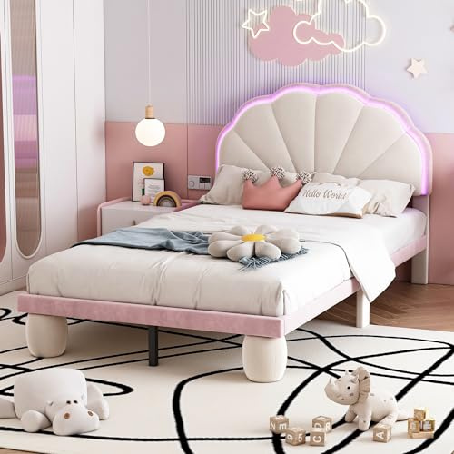 Ymkua Polsterbett Einzelbett 90x200 cm, Kinderbett Bett mit LED-Leuchten und Lattenrost, Bettgestell mit Kopfteil und Gepolsterter Runden Beine für Kinder, Jugendliche, Samt, Beige+Rosa, Ohne Matratze