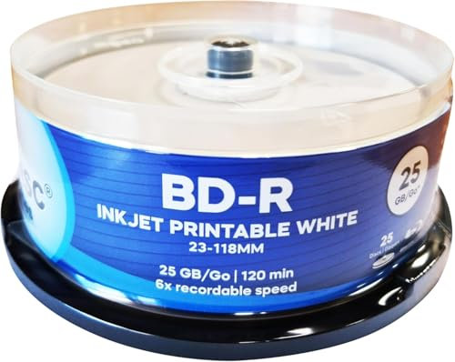 ACU-DISC Pro-Series BD-R 25GB 6x HTL Full Face White Inkjet Printable Single Layer Recordable Blank Data Blu-Ray Discs 130 Minutes Cake Box/Spindle 18193 - 100 Pack