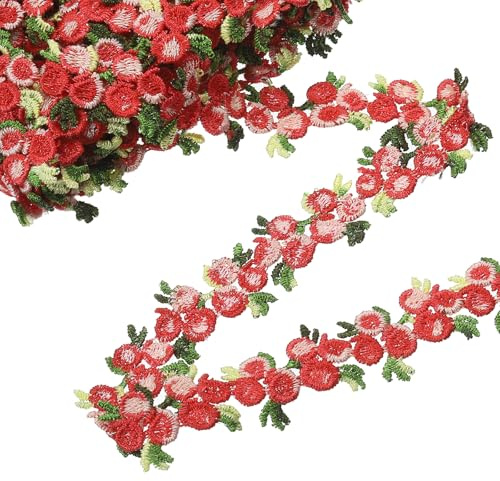 QUARKZMAN Nastro Di Pizzo Con Fiori Rossi, 0.9 x 5 Iarde, Pizzo Ricamato In Poliestere Per Cucito, Decorazioni Nuziali, Fascie Per Capelli, Creazioni Fai Da Te