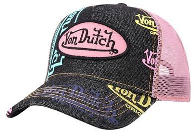 Von Dutch Monogram Trucker Cap - Retro Snapback Cap for Men and Women - Adjustable Snap Fit Panel, Mesh Rear, Curved Bill, Size One Size, Black/Pink