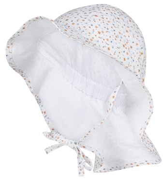 Sterntaler Sonnenhut Blümchen – Sonnenhut aus Baumwolle mit Blumen-Print, mit Bindeband, Gummizug und Nackenschutz, gefüttert mit Bio-Baumwoll-Batist, UV-Schutz 50+ – Weiß, Größe 53