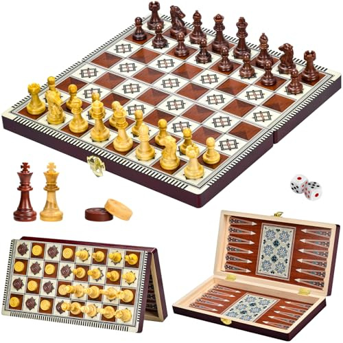 Naxup Magnetici Scacchiera in Legno,3 in 1 Scacchiera Pieghevole,Magnetici Scacchi, Backgammon, Dama per Bambini e Adulti Feste Attività di Famiglia(29 * 29cm)