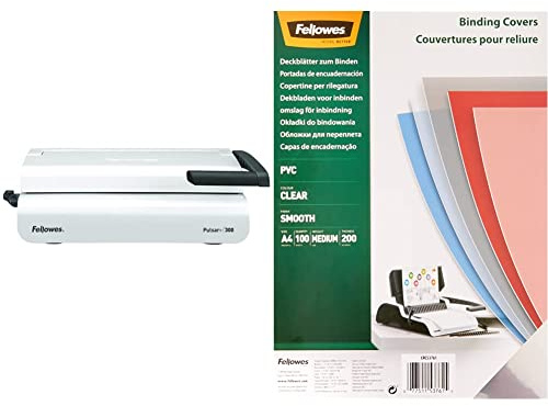 Fellowes 5627601 Plastikbindegerät A4 Pulsar+ 300 für Büros, Bindeleistung 300 Blatt, Stanzleistung 20 Blatt & 5376102 Klarsicht Deckblatt aus PVC, A4 Format, 200 mic Stärke, transparent, 100 Stück