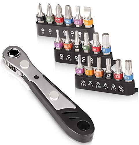 Hakkin 19PCS Mini Ratchet Wrench Screwdriver Bit Set S2 Steel 1/4” Drive 36 Teeth Ratcheting Screwdriver High Torque Offset screwdriver Reversible Drive Handle with Phillips Slotted Hex Torx Star Bits
