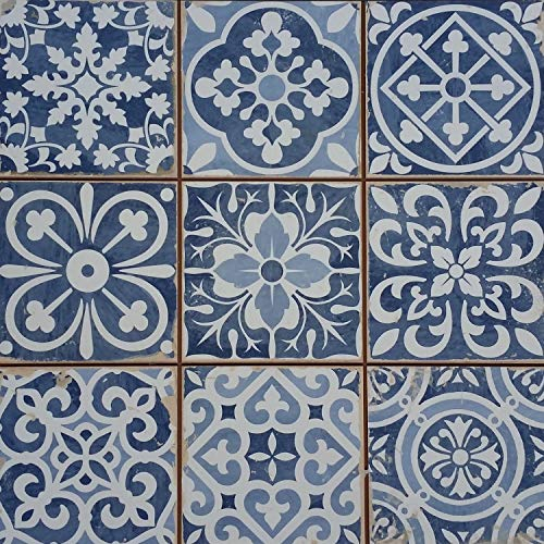 Marokkanische Patchwork Fliesen RAHEL BLAU 33x33 cm quadratisch orientalische Keramikfliesen für Boden & Wand | Retro-Fliesen Vintage Bodenfliesen für schöne Küche Badezimmer FL2112