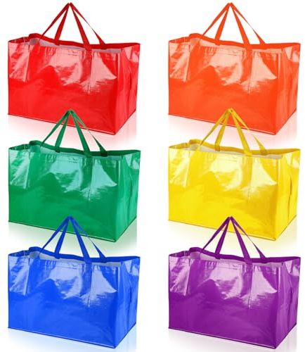 Shappy 6 Pcs Extra Large Reusable Shopping Grocery Bags with Handles Woven Plastic Waterproof Tote Bags (21.7 x 14.2 x 13.8 Inch,Bright Color)