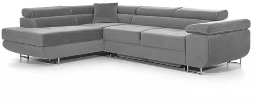 COMFORTINO FURNITURE Ecksofa mit Schlaffunktion PASTI L-Form, Sofa Couch mit Bettkasten, 3-Sitzer Eckcouch, Schlafsofa für Wohnzimmer, Big Sofa Couch mit Schlaffunktion (Hellgrau, Ottomane Links)