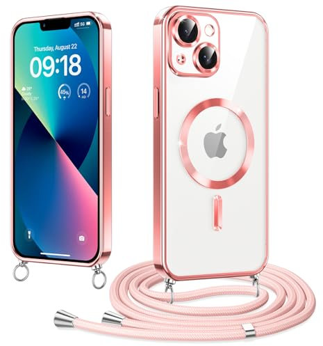 Woijrly Magnetische Handyband mit Band für iPhone 13 Hülle, [Kompatibel mit Magsafe] Handyhülle Case mit justierbarer Schnur Abnehmbar Strap, Crossbody Schutzhülle zum Umhängen Kordel, Rosa