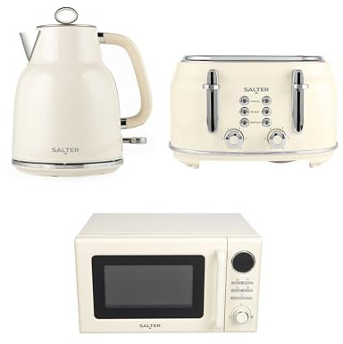 Salter Retro Cream Kettle, Toaster & Microwave Set – 1.7L Rapid Boil Kettle, 4-Slice Toaster, 6 Browning Levels, Safety Features, 20L Digital Microwave with 8 Presets, 25.5 cm Glass Turntable