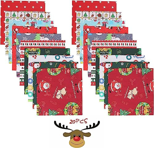 NAHUAA 20pcs Tessuto di Cotone Patchwork Natalizio 25 x 25 cm Tessuti Patchwork Natale Tessuto Stampato per Cucito Artigianato Fai Da Te Scrapbooking