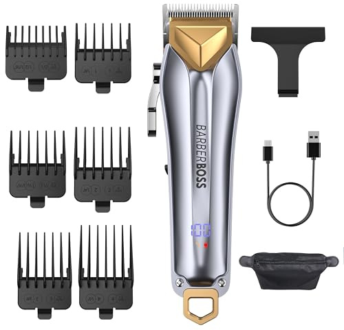 Barberboss Kit Recortadora, Cabello y Barba para Hombre, Inalámbrica para Hombre, Recortadora con Disco Ajustable, 6 Protectores de Peine, Carga USB y Pantalla LED, Set Completo Cuidado