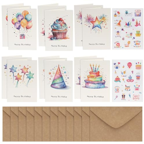 Juibao Juego de 12 Tarjetas de Cumpleaños Acuarela, 6 Diseños Birthday Card con Sobres y Pegatinas, Tarjetas Felicitación Plegables A6 para Cumpleaños