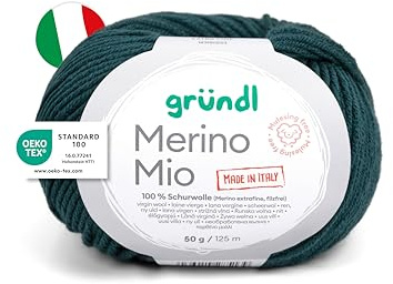 Gründl Wolle Merino Mio - weiche Merinowolle zum Stricken und Häkeln - Kuschelig und hautfreundlich - 100% Schurwolle (Merino extrafein) - 1 Knäuel - 50 g / 125 m - Nadelstärke 3-4 - tannengrün