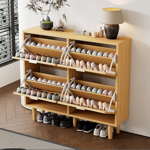 BTM Rangement à Chaussures à 4 tiroirs à rabattement, Commode en Rattan avec Griffes métalliques, Style Campagne, Dimensions: 100 x 25 x 90 cm