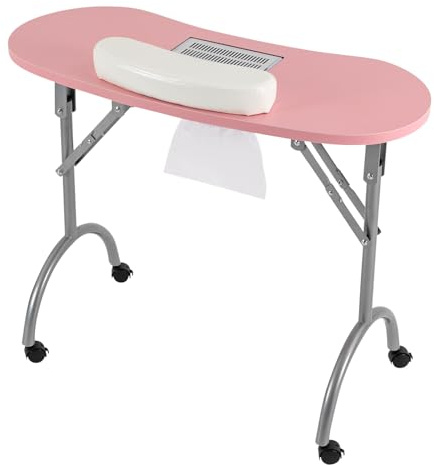 HPDTZ Mesa de manicura plegable con succión, mesa de uñas móvil con ruedas, lugar de trabajo para salón de uñas, mesa de diseño de uñas de 90 cm con ventosa y cómodo reposamuñecas (rosa)