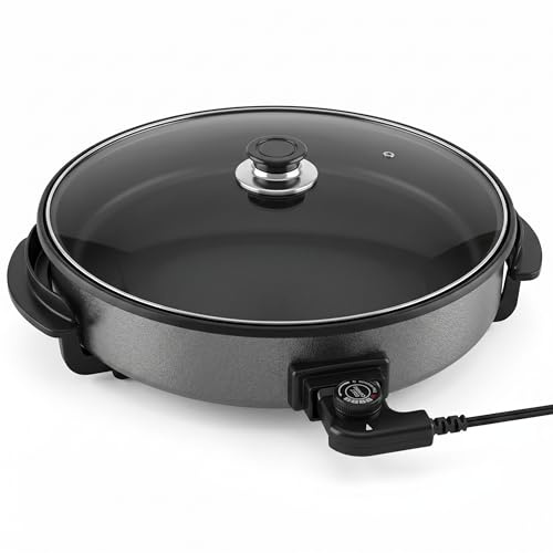 Shov Poêle à pizza électrique et cocotte multifonction, taille XL, 48 cm de diamètre, 7 cm de profondeur, avec revêtement antiadhésif et couvercle en verre, 1500 W, thermostat réglable pour pizza