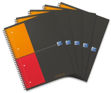 Oxford Notebook International A4, kariert, 160 Seiten, stabiler Kartondeckel, 5 Stück