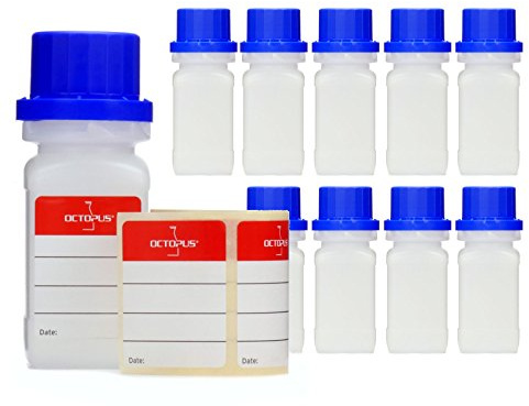 Octopus 10 breda halsflaskor 50 ml tillverkade av HDPE, UN-godkända