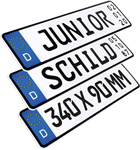 L & P Car Design Kennzeichen Junior-Schild 34x9cm Geburtstag Wunschtext Namenskennzeichen Bobbycar Kettcar