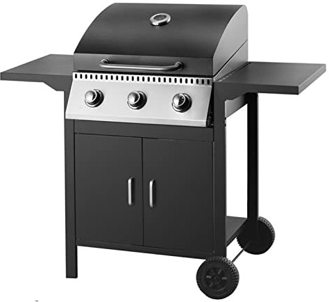 Modern Outdoor Living 3 Burner Gas BBQ Grill with Wheels Portable with Automatic Ignition & Integrated Thermometer, Black, Gas BBQ, 2 Wheels Fitted Lower Shelf with 2 Side Shelves