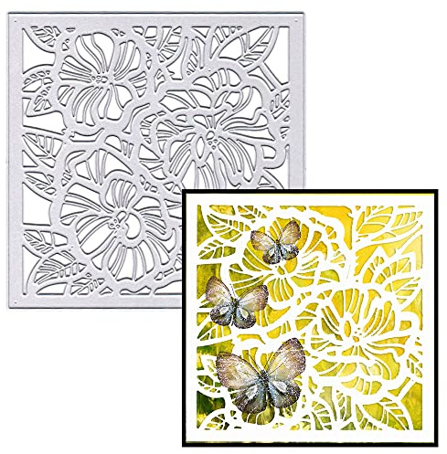 Hying Flowers Leaves Background Cutting Dies for Card Making, Square Frame Die Cuts Hollow Flowers Dies Stencils Embossing Template for Craft Scrapbooking DIY Photo Album Decorations