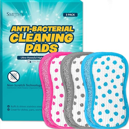 Anti-Bacterial Cleaning Pads by Smith’s® | 3 Pack | Dual-Sided Dish & Multi-Surface Cloth | For Home, Kitchen, Bathroom | Reusable | Non-Scratch | Long Lasting