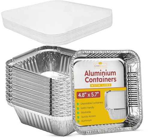 50x Disposable Aluminum Foil Containers with Lids | Size No 2, Disposable Foil Trays Containers | Rectangular Tin Foil Trays for Food Storage, Baking, Roasting, Meal Prep and Takeaway (400ml)