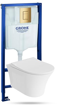 LAVITA | Vorwandelement Solido + Wand Hänge WC Livia Weiß Spülrandlos + WC-Sitz SoftClose | Goldener Knopf | Komplettset | Unterputz Spülkasten | Toilette Komplett Sett |