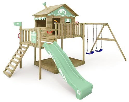 WICKEY Spielturm Klettergerüst Smart Coast mit Schaukel & pastellgrüner Rutsche, Outdoor Kinder Kletterturm mit Sandkasten, Leiter & Spiel-Zubehör für den Garten