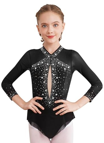 Alvivi Vestido de Patinaje Artístico Niña Maillot Danza Manga Larga con Pedrería Brillante Maillot con Falda Ballet Disfraz Bailarina para Competición 5-16 Años Negro 13-14 años