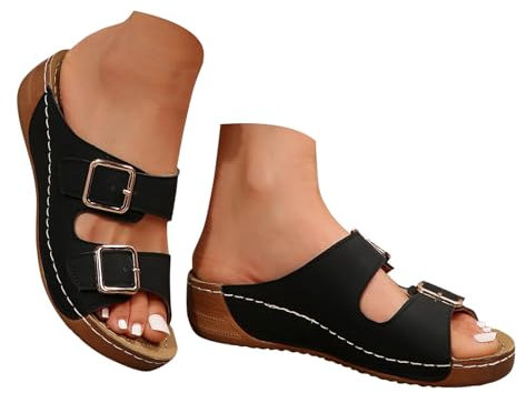 Orthopädische Schuhe Damen Sommer Keil Orthopädische Sandalen Mit Weiches Fußbett Pantoffeln PU Leder Blume Hohlsandalen Vintage Peep Toe Plateau Freizeit Pantoletten Outdoor Strand Hausschuhe