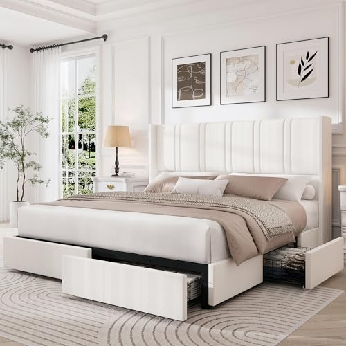 LARMACE King Size Bed Frame with 4 Storage Drawers and Wingback Headboard Linen Upholstered Platform Bed Frame with Wooden Slats, Easy Assembly, White