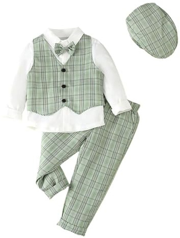 Lito Angels Baby barn pojkar gentleman rutig väst kostym set formella bröllopskläder med hatt, grå grön blå brun röd