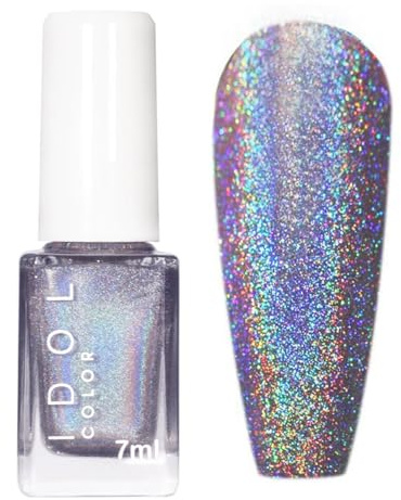 Holographic Nail Polish - Clear Laser Glitter Silver Polish - Long Lasting Quick Dry Shimmer Glitter Nail Polish - Flash Shine Silver Nail Varnish For Women Salon Home DIY Nail Art Gift No UV Needed