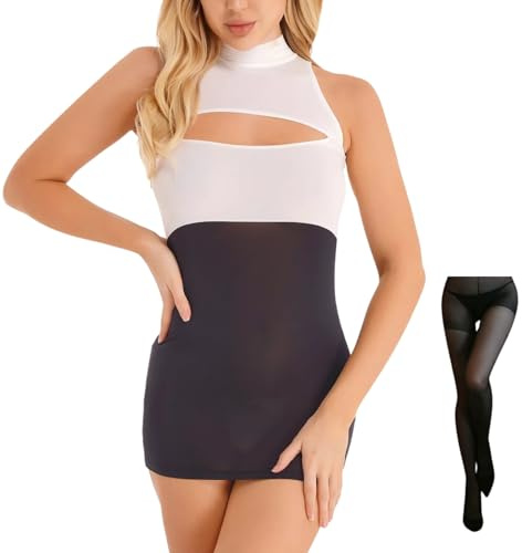 ROSVAJFY Costume de Secrétaire Sexy Ensemble Lingerie avec Bas, Robe de Secrétaire Cosplay Moulante Creuse, Uniforme Jeu de Rôle d'Enseignant Nuisette Coquine Hot Bureau OL Costume (Blanc+Noir)