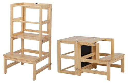 Bonnlo Lernturm mit drehbarer Tafel für Kinder, Lernturm klappbar ab 1 Jahr, Kinderstuhl aus Holz, für Küche und Bad, 45x45x84cm (Natur)