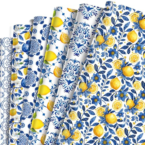 Lot de 12 feuilles de papier cadeau bleu citron et motif porcelaine blanche - Papier cadeau imprimé double face - 6 types de papier cadeau pour enfants, vacances, anniversaire - 50 x 68 cm