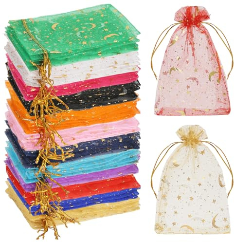 LUCKNIGHT 120 Piezas Bolsa Joyería Estrella Colores, Bolsitas de Tela Pequeñas, Bolsas de Organza, para Joyas en 12 Colores para Bodas, Fiestas de Navidad Y Decoración de Regalos 15x10cm